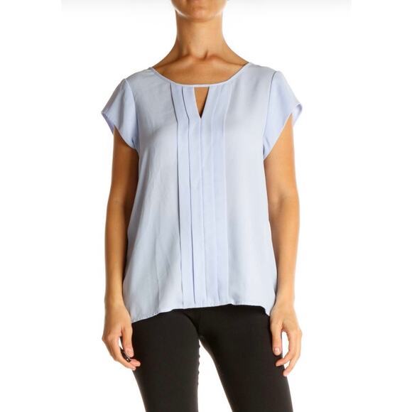 Express Sheer Purple Short Sleeve Blouse Keyhole Neck, Ruffles - Picture 2 of 12